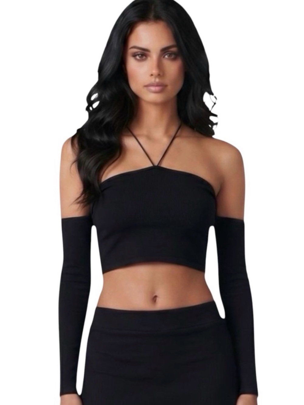 Zara Black Off-the-Shoulder Ribbed Crop Top with XS NWT